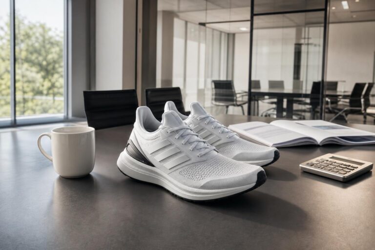 Ein Paar weiße Adidas-Sportschuhe liegt auf einem Tisch in einem modernen Konferenzraum mit Glaswänden, neben einem