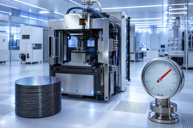 Ein Hochleistungs-Halbleiter-Testsystem in einem sterilen Reinraum mit Waferstapeln und einem Manometer, das steigenden