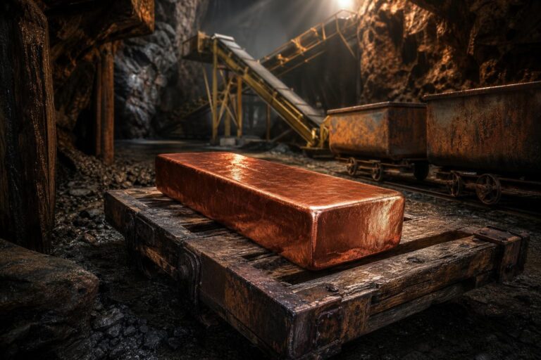 Ein großer Kupferbarren liegt auf einer rostigen Holzpalette in einer dunklen Mine mit Förderbändern und Schienen im