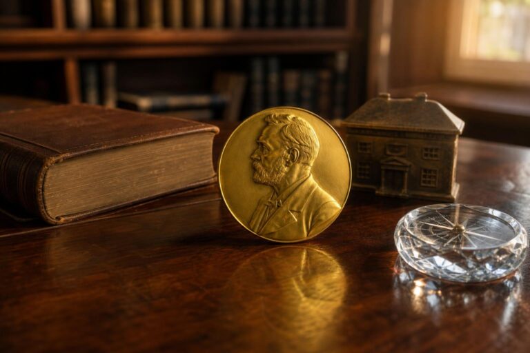 Eine goldene Medaille mit Alfred Nobels Profil liegt auf einem alten Holzschreibtisch neben einem Buch und einem Kompass.
