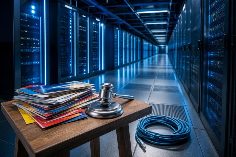 Ein KI-Rechenzentrum mit Server-Racks und einem Holztisch mit Werbeflyern, einem Gavel und einem Netzwerkkabel.