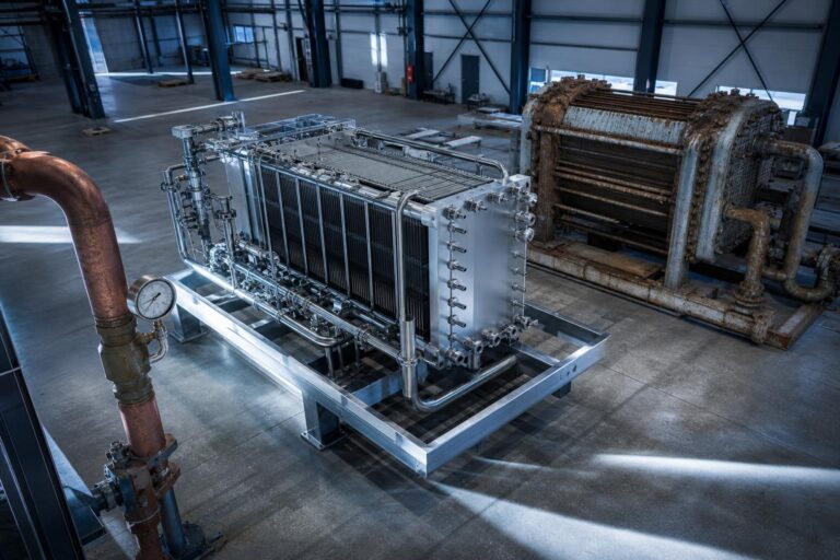 Moderner PEM-Elektrolyse-Stack auf Edelstahlgestell neben verrostetem alkalischem Elektrolyseur in einer Fabrikhalle mit