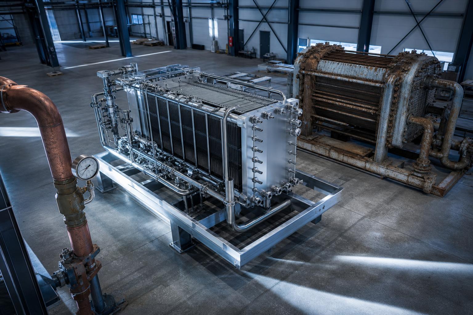 Moderner PEM-Elektrolyse-Stack auf Edelstahlgestell neben verrostetem alkalischem Elektrolyseur in einer Fabrikhalle mit