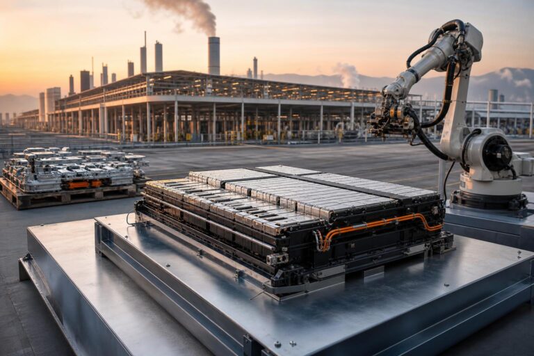 Ein 60-kWh-Batteriepaket liegt auf einer Metallplattform neben einem Roboterarm vor einer modernen Fabrikhalle bei