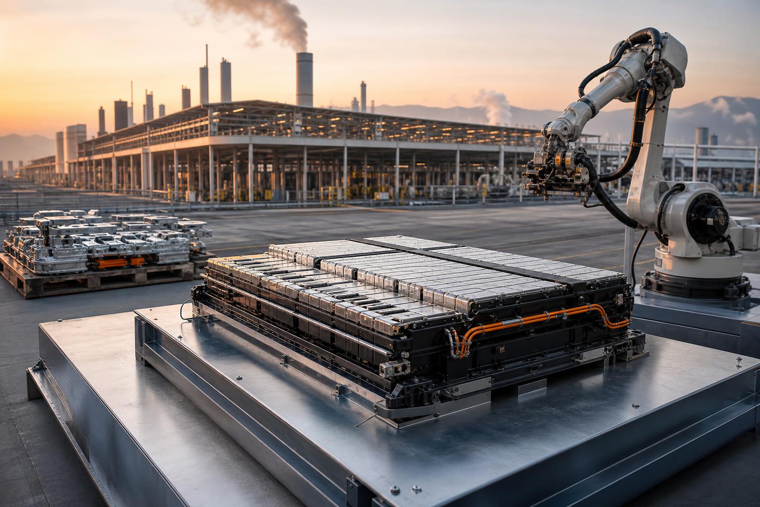 Ein 60-kWh-Batteriepaket liegt auf einer Metallplattform neben einem Roboterarm vor einer modernen Fabrikhalle bei