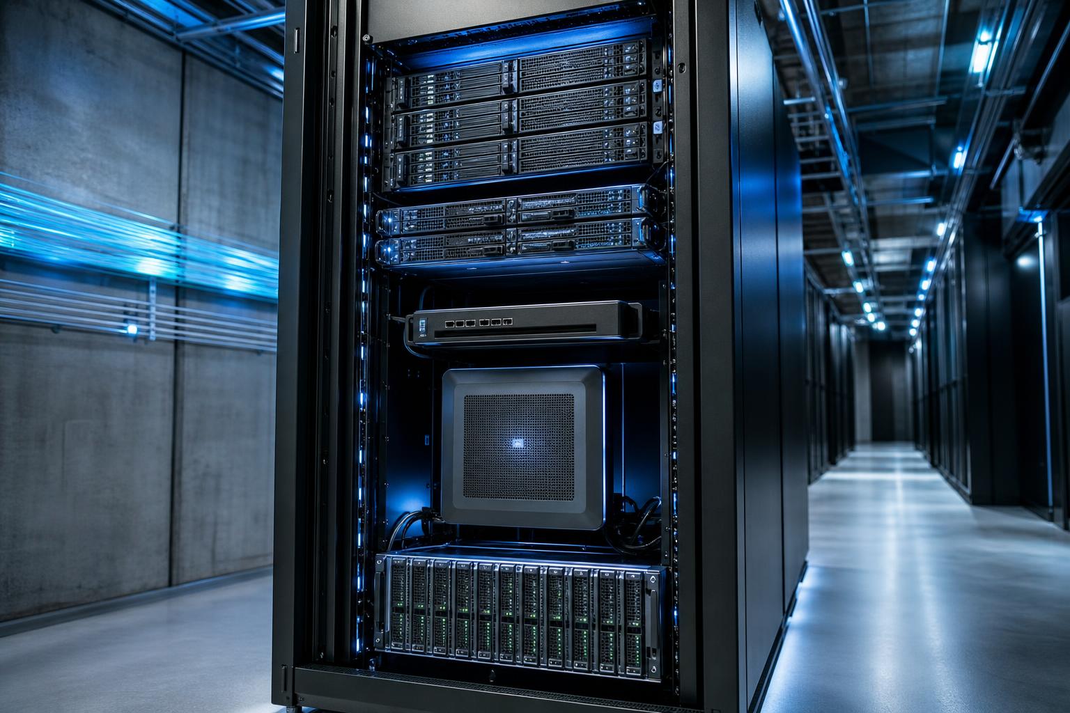Ein geoffnetes Server-Rack mit Blade-Servern und Sicherheits-Hardware in einem klimatisierten Rechenzentrumsgang mit blauem
