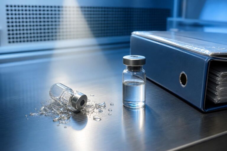Ein zerbrochenes Impfstoffvial liegt neben einem intakten Vial und einem Aktenordner auf einem Labortisch.