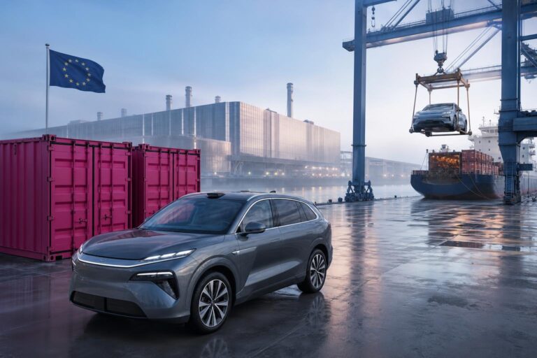 Eine silberne Elektrolimousine steht auf einem nassen Hafenboden neben rosa Containern, während ein Kran ein weiteres