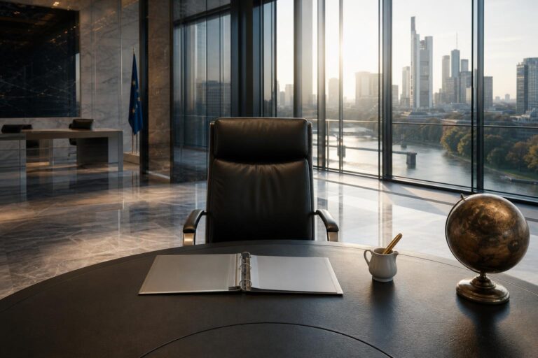 Leerer Chefsessel an einem runden Tisch mit Aktenordner, Stift, Globus und Morgenlicht im EZB-Gebäude in Frankfurt.