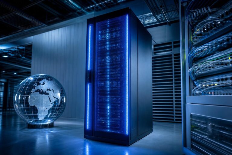 Moderner Server mit blau pulsierender LED-Leiste, Globus aus Glas und Netzwerk-Switch in einem kühlen Datenzentrum.