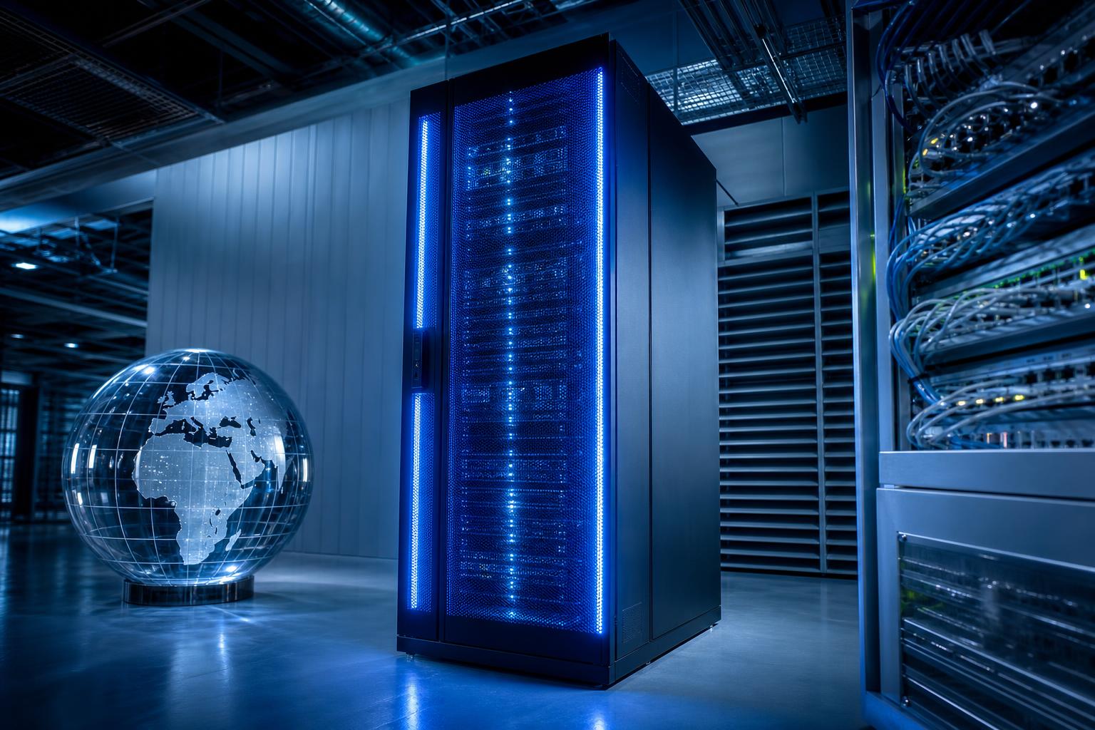 Moderner Server mit blau pulsierender LED-Leiste, Globus aus Glas und Netzwerk-Switch in einem kühlen Datenzentrum.