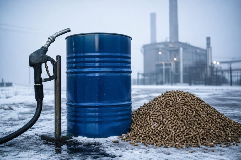 Ein Zapfhahn steht neben einem blauen Metallfass und einem Stapel Holzpellets auf schneebedecktem Boden vor einem