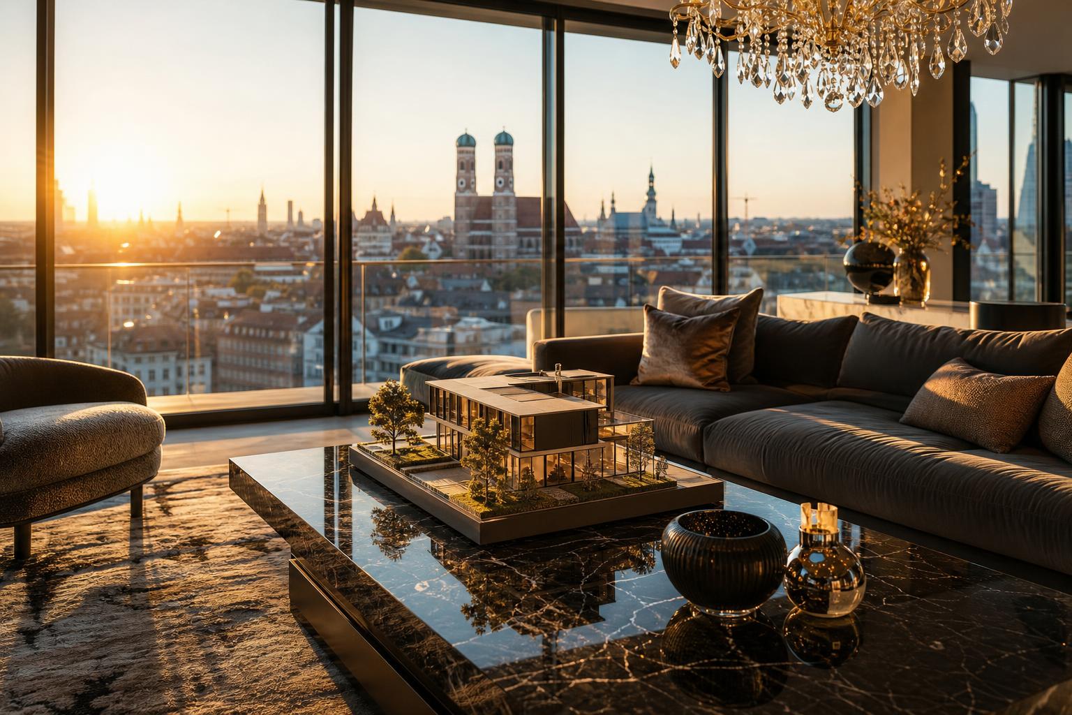 Luxuriöses Wohnzimmer mit bodentiefen Fenstern, die Münchens Skyline zeigen, Marmortisch mit Hausmodell und Designer-Möbeln.