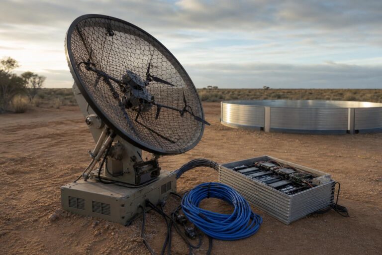 Ein großes Radargerät hält eine zerstörte Drohne in seinem Netz, daneben liegen Batterien und Kabel in der australischen