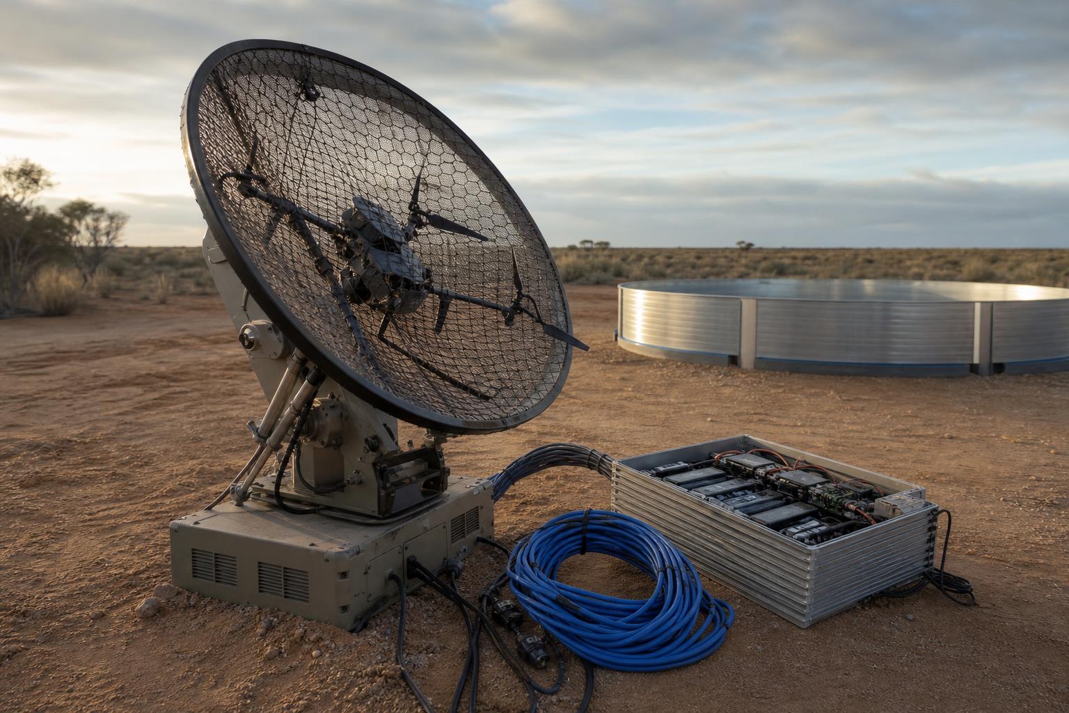 Ein großes Radargerät hält eine zerstörte Drohne in seinem Netz, daneben liegen Batterien und Kabel in der australischen
