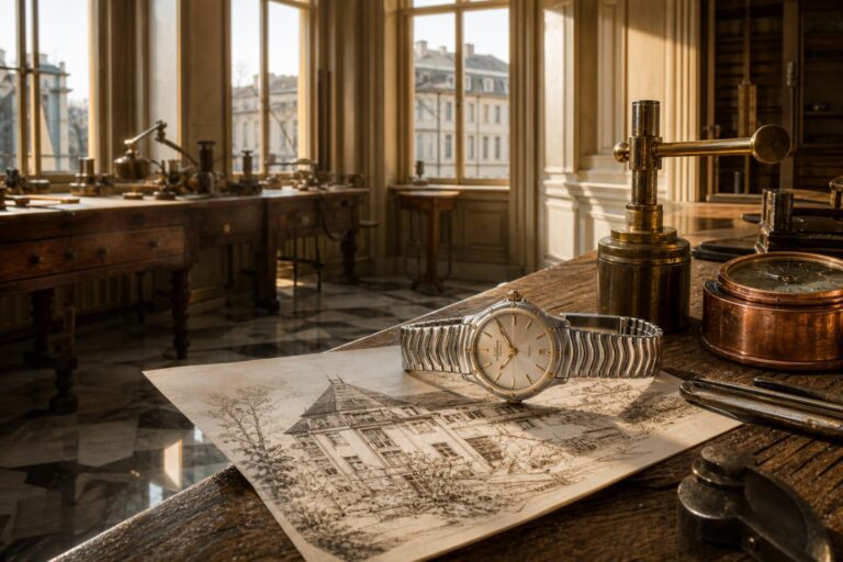 Eine elegante Ebel-Uhr liegt auf einer handgezeichneten Skizze der Villa Turque in einem historischen Uhrenatelier mit altem