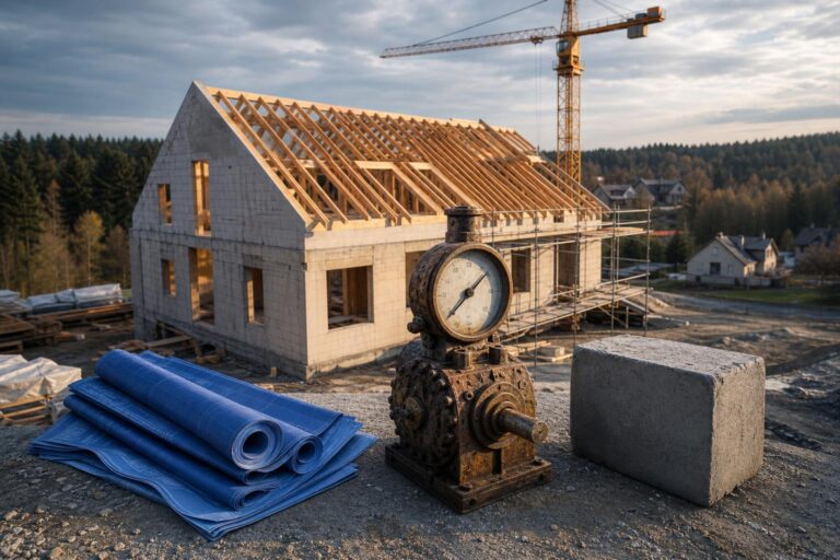 Ein halb gebautes Haus mit offenem Dach, blaue Baupläne, ein Messgerät und ein Betonblock auf einer Baustelle.