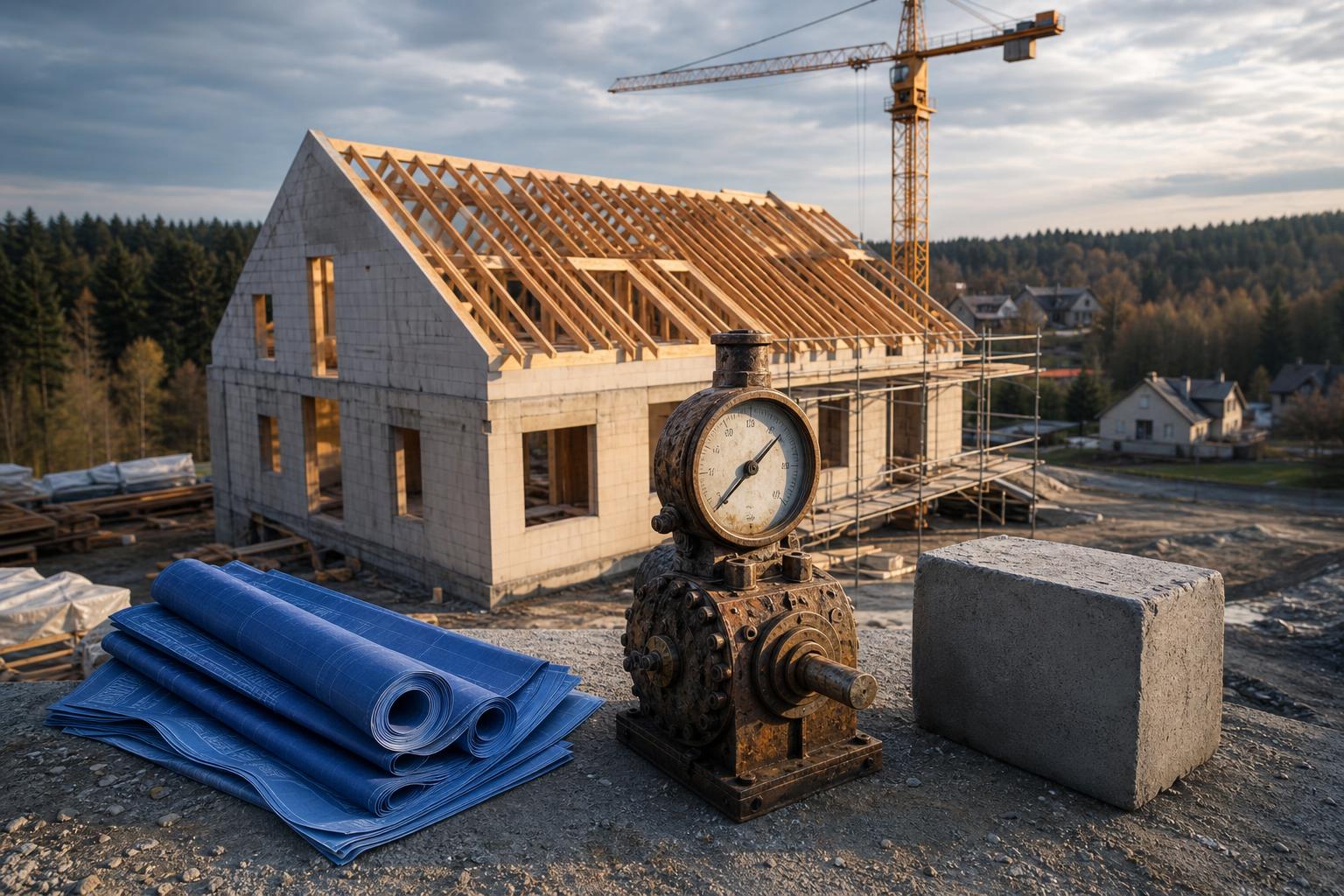 Ein halb gebautes Haus mit offenem Dach, blaue Baupläne, ein Messgerät und ein Betonblock auf einer Baustelle.