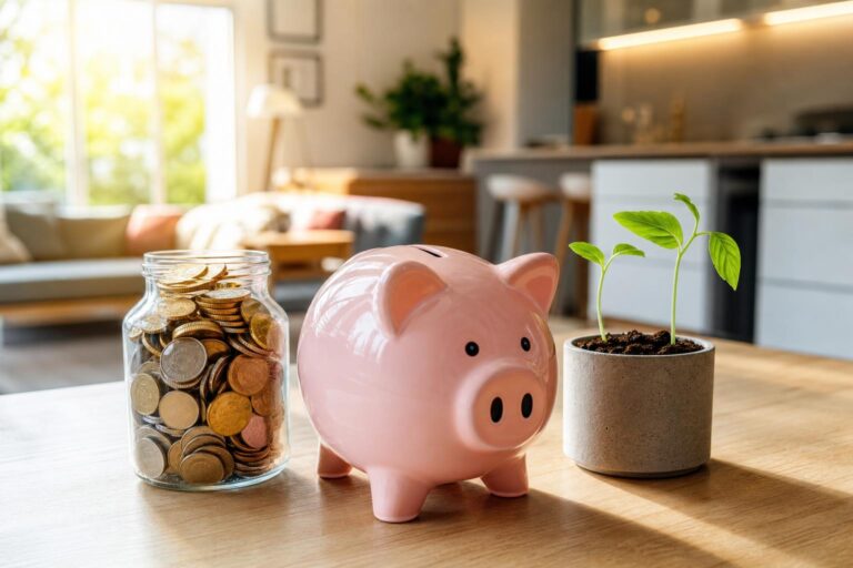 Ein rosafarbenes Sparschwein steht neben einem Glas mit Euro-Münzen und einem Topf mit einer wachsenden Pflanze auf einem