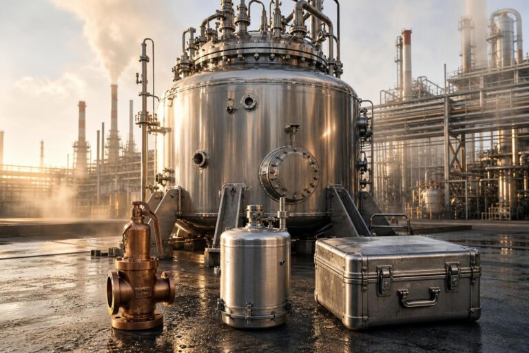 Ein großer Edelstahl-Reaktor in einer Industrieanlage mit Rauchschornsteinen und Rohrleitungen, davor liegen ein kupferner