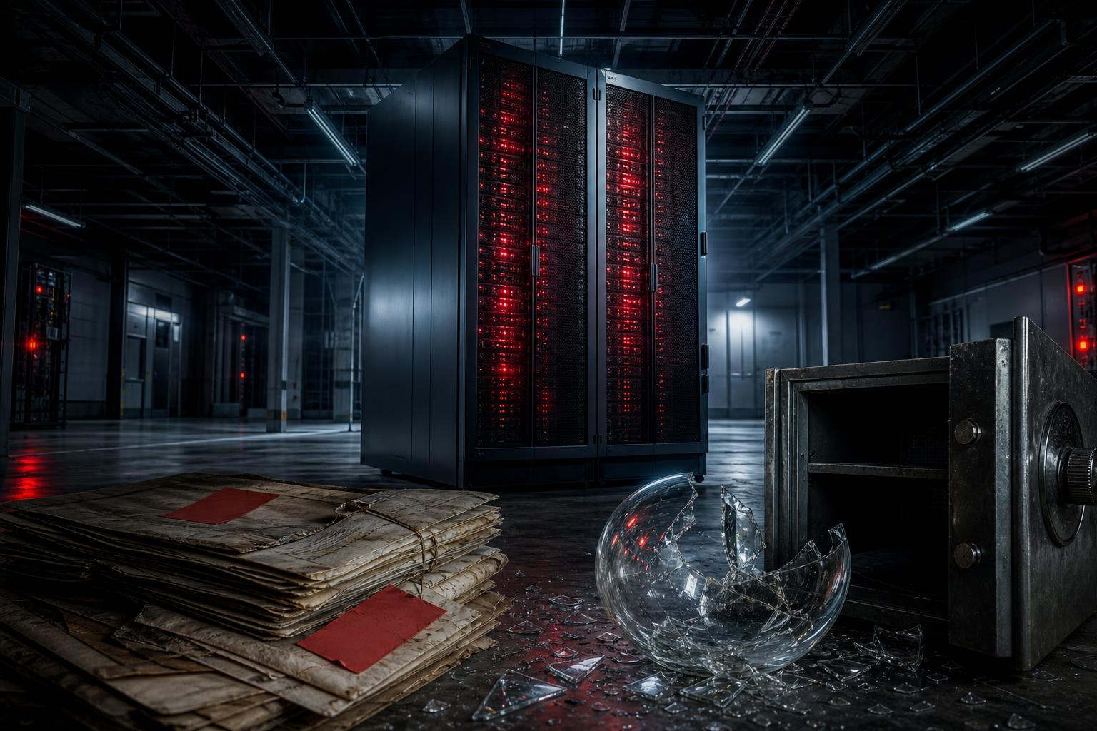 Ein dunkles Rechenzentrum mit leuchtend roten Warnleuchten an Serverracks, vergilbten Anleihen mit rotem Aufkleber,