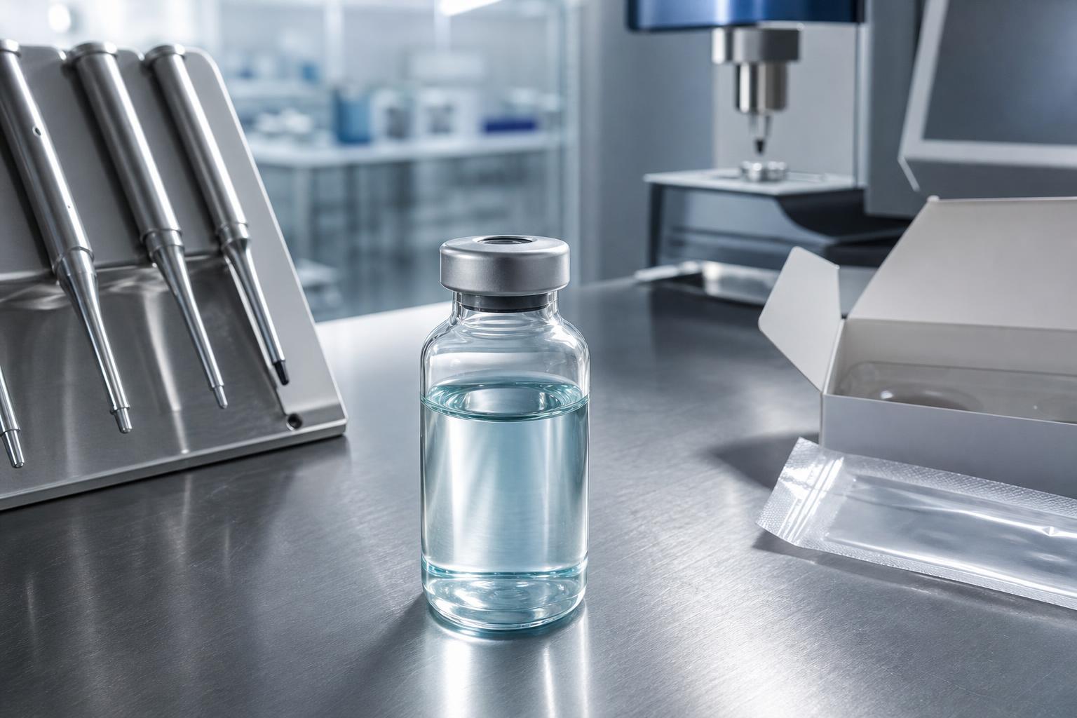 Ein Glasvial mit klarer Flüssigkeit steht auf einer Edelstahlarbeitsfläche in einem modernen Labor.