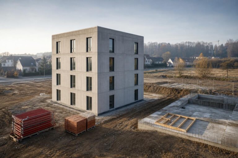 Ein vierstöckiges Beton-Wohngebäude steht auf einer Baustelle mit roten Bauzäunen, gestapelten Ziegeln und einem Holzrahmen.
