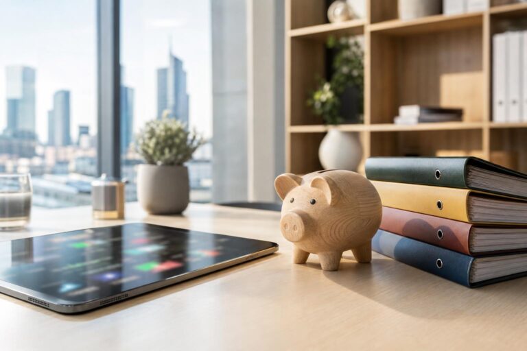 Ein glänzendes Tablet liegt neben einem hölzernen Sparschwein und einem Stapel bunter Ordner vor einem Bürofenster mit