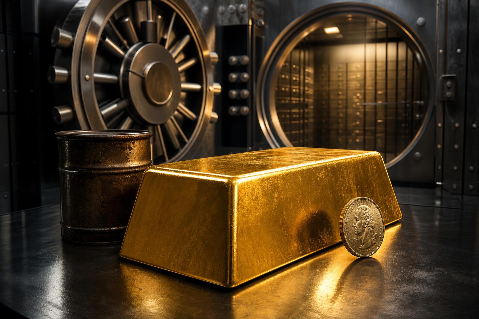 Ein massiver Goldbarren liegt neben einem Ölfass und einer US-Dollar-Münze vor riesigen Tresortüren in einem Bankinterieur.
