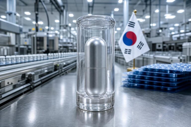 Eine silberne Kapsel in einem Glasbehälter steht im Fokus einer hell erleuchteten pharmazeutischen Fertigungshalle mit