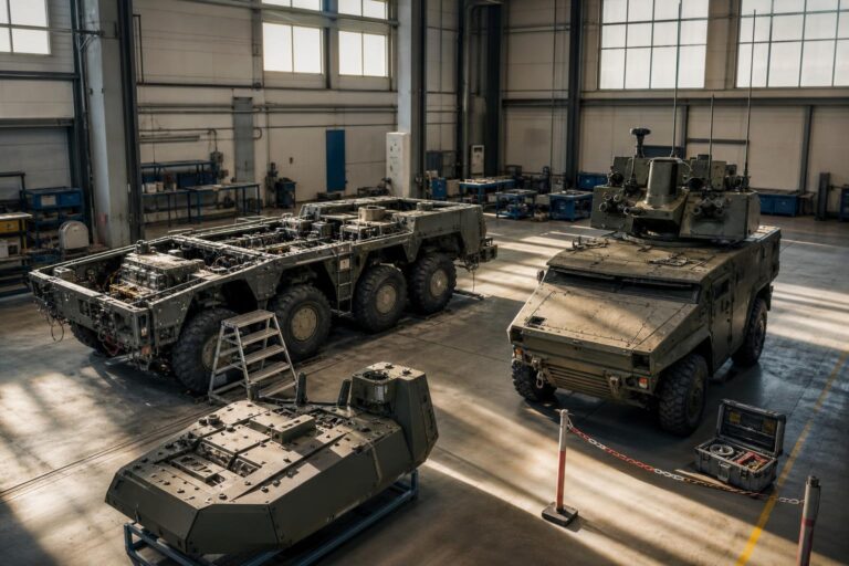 Ein halbfertiger Boxer-Fahrgestell und ein montierter Skyranger-Turm stehen in einer hellen Werkshalle neben einem