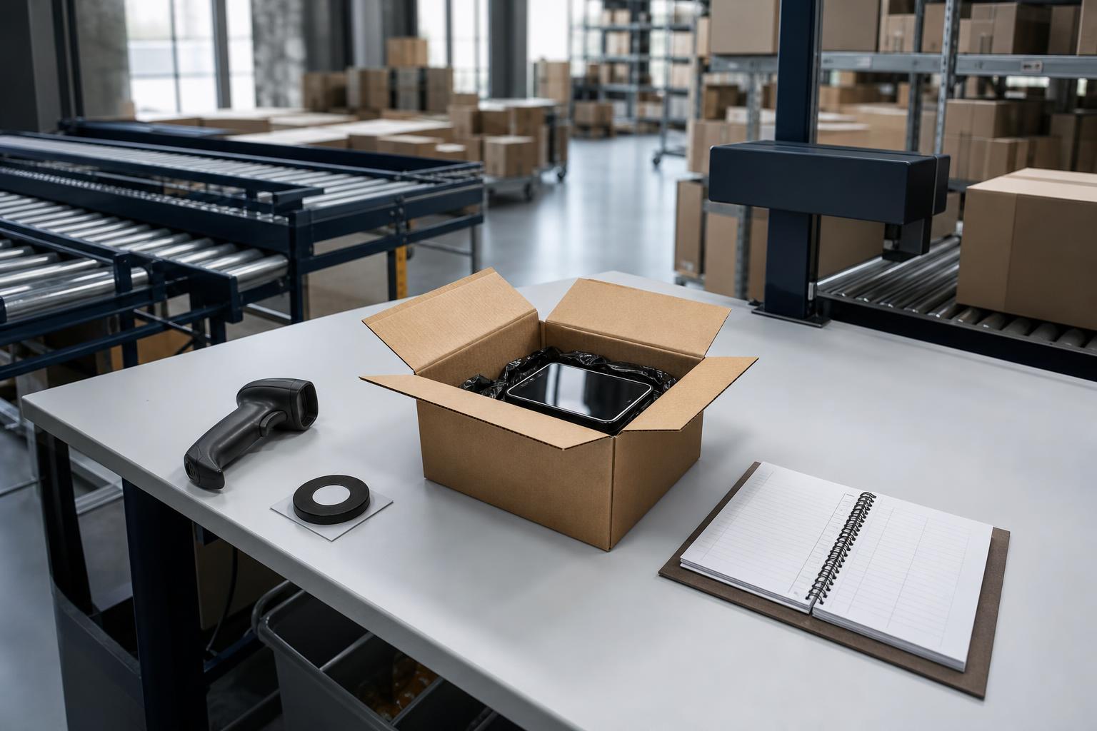 Qualitätsprüfstation mit geöffnetem Karton, Bluetooth-Scanner, Prüfsiegel und Checkliste in einem Lager mit Regalen und