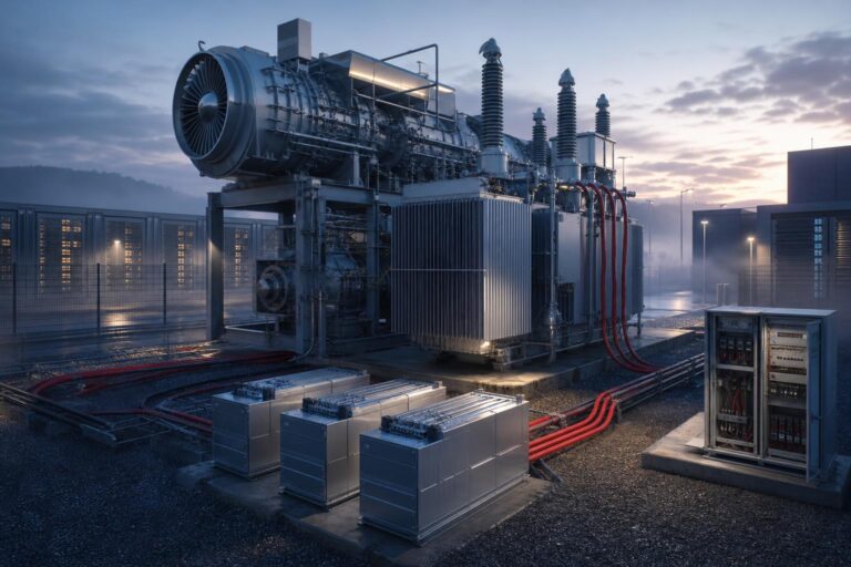 Ein Hochspannungstransformator und eine Gasturbine in einer modernen Energieanlage mit Batteriemodulen und roten Kabeln im