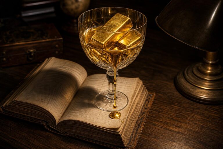 Ein Weinglas mit flüssigem Gold, in dem Goldbarren liegen, tropft auf ein altes Hauptbuch auf einem dunklen Schreibtisch.
