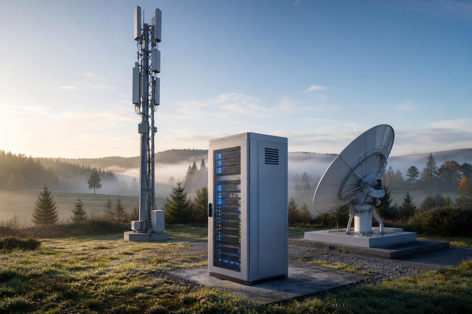 Ein schlanker 5G-Mast mit Antennenplatten, ein silbernes Server-Rack mit LED-Leuchten und eine kuppelförmige