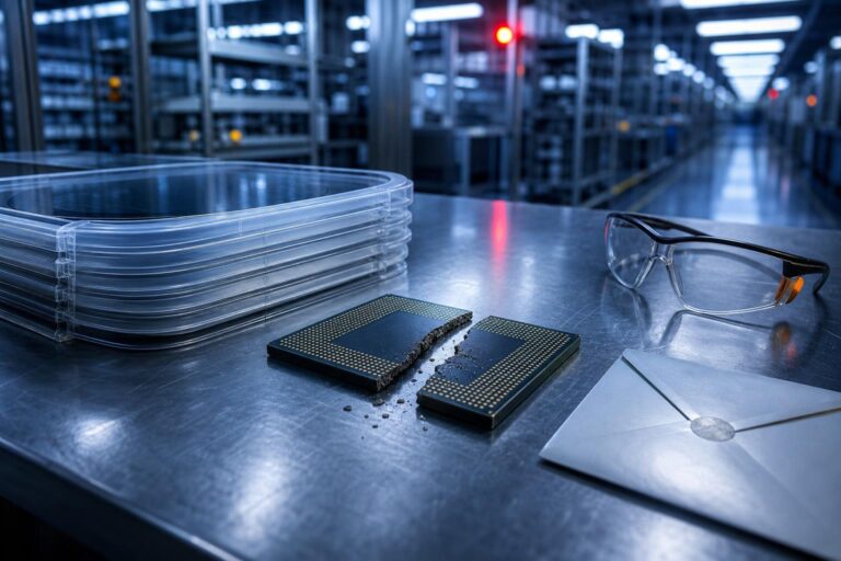 Gesprungenes DRAM-Chips auf einer Werkbank in einer Halbleiterfabrik mit Schutzbrille, Wafer-Stapel und Warnlicht im