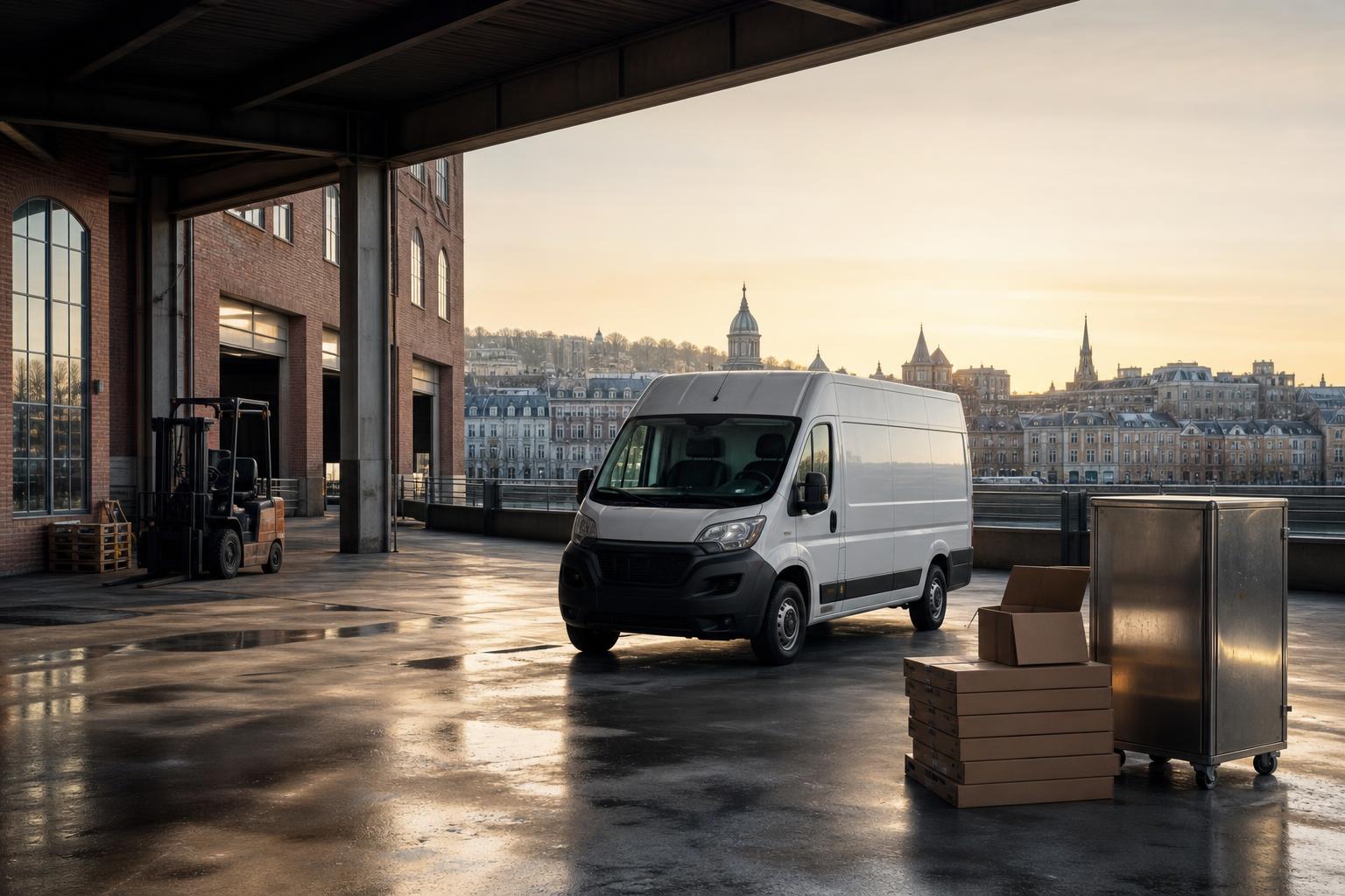Ein weißer elektrischer Lieferwagen steht auf einem feuchten Verladedock vor einem roten Backsteingebäude mit großer