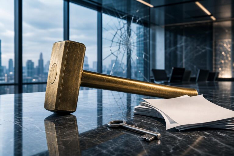 Ein überdimensionaler goldener Hammer liegt auf einer polierten Marmortafel neben einem Stapel leerer Papiere und einem