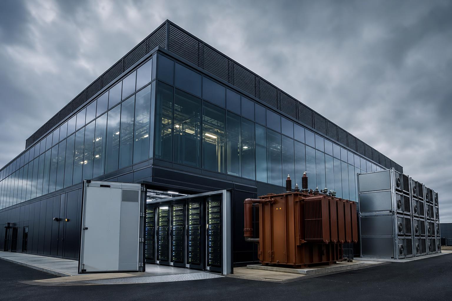 Ein modernes Datenzentrum mit Glasfassade unter grauem Himmel, davor sichtbare Server-Racks, ein Transformator und