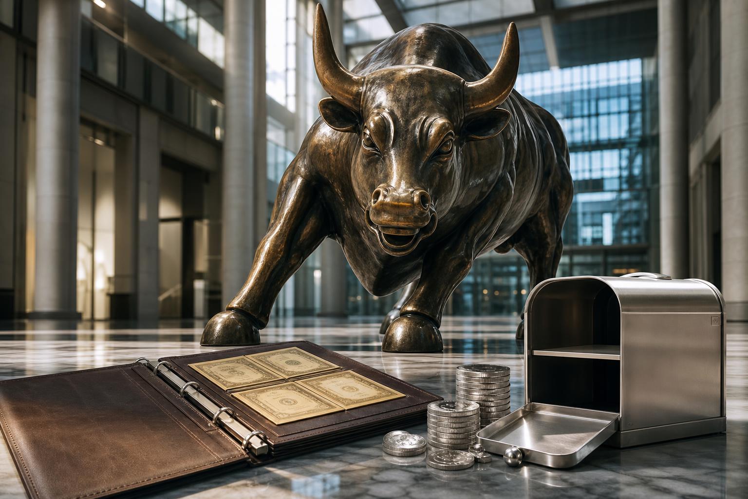 Eine bronzene Bullen-Statue steht in einer gläsernen Halle mit Marmorboden, daneben liegen ein Anleihenordner, Münzen und