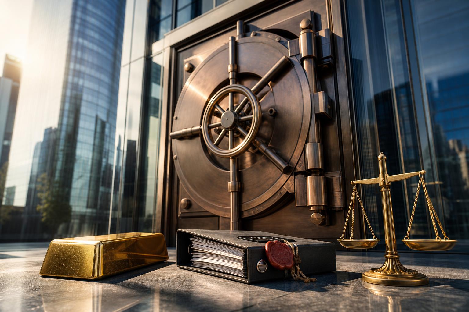 Ein bronzener Tresor vor einer Hochhausfassade mit Goldbarren, Aktenordner und Waage im Morgenlicht.