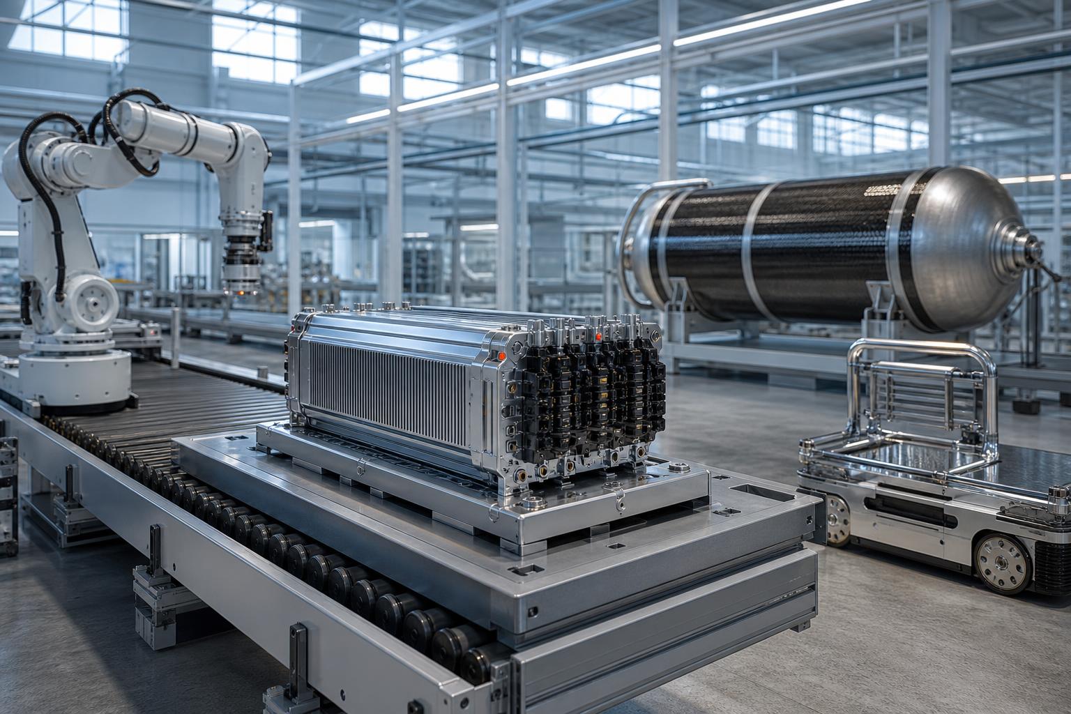 Ein PEM-Stack-Modul gleitet auf einem Förderband in einer hochmodernen Fabrik, umgeben von Robotern und großen