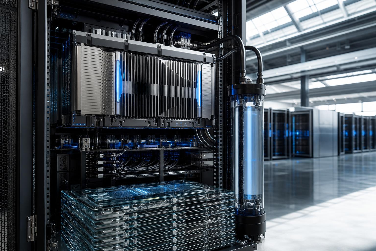 Ein moderner Grafikbeschleuniger mit blauen LEDs in einem offenen Server-Rack, daneben ein Stapel HBM-Speicher und ein