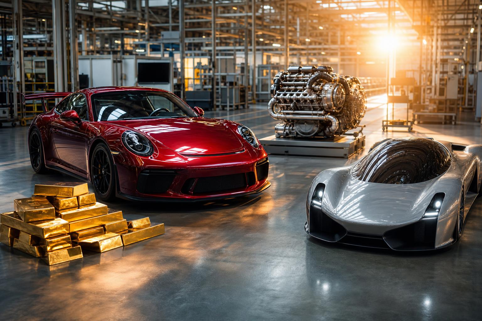Ein roter Porsche Sportwagen, ein silberner Elektro-Hypercar und ein großer Motorblock stehen in einer modernen