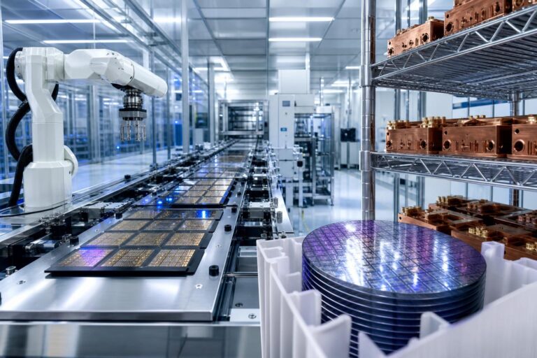 Automatisierte Fertigungsanlage mit Roboterarm, Laserwafern und Heat-Sink-Modulen in einem Reinraum.