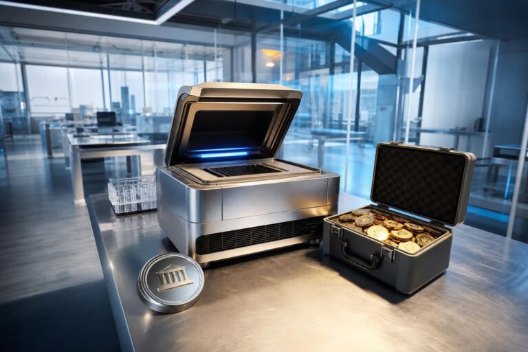 Ein moderner PCR-Thermocycler steht neben einem geöffneten Koffer mit goldenen Münzen in einem hell erleuchteten Laborraum