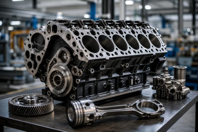 Ein industrielles Motorblock auf einem Metalltisch in einer Halle, daneben liegen ein Zahnrad und ein Ölkarton.