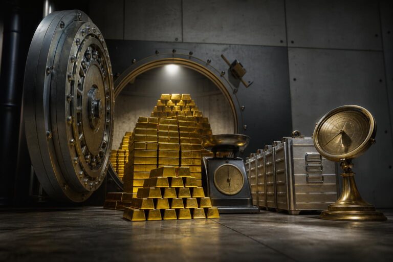 Offenes Tresor mit gestapelten Goldbarren, Waage und ETF-Behältern in einem sicheren Depot.