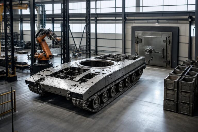 Große Halle mit halbfertigem Kampfpanzer-Chassis, Industrieroboter und gestapelten Metallkisten.