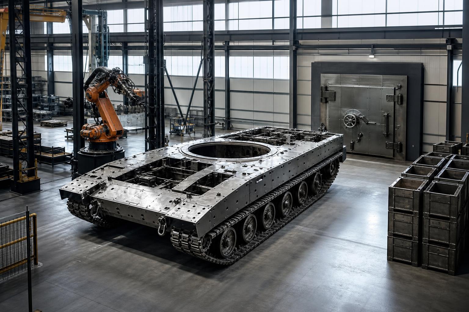 Große Halle mit halbfertigem Kampfpanzer-Chassis, Industrieroboter und gestapelten Metallkisten.